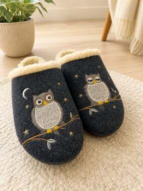 Lands’ End Women’s Felted Wool Owl Embroidered Slippers Blue US 10B Faux Fur